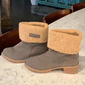 Gray faux suede and sheepskin booties